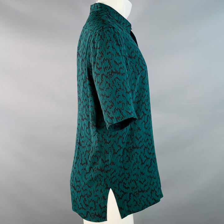 SAINT LAURENT Size S Green Black Abstract Zig Zag Silk Spread Collar Short Sleeve Shirt