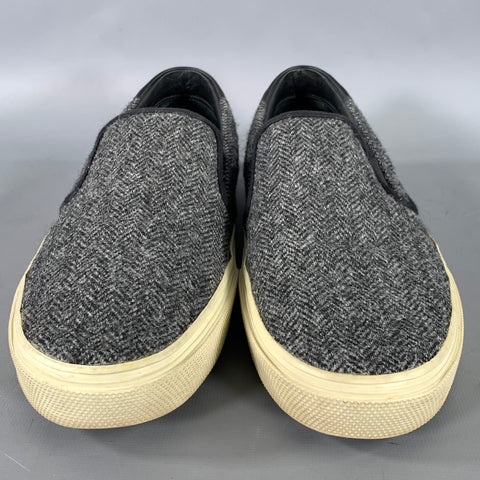 SAINT LAURENT Size 9 Grey Black Herringbone Wool Slip On Sneakers