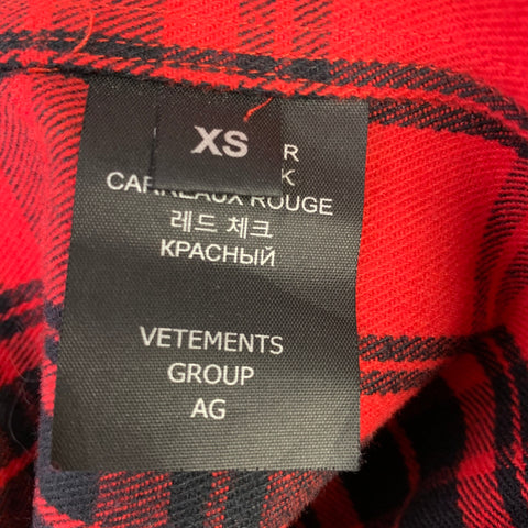 VETEMENTS Size XS -My Name Is- Red Black Plaid Cotton Blend Long Sleeve Shirt