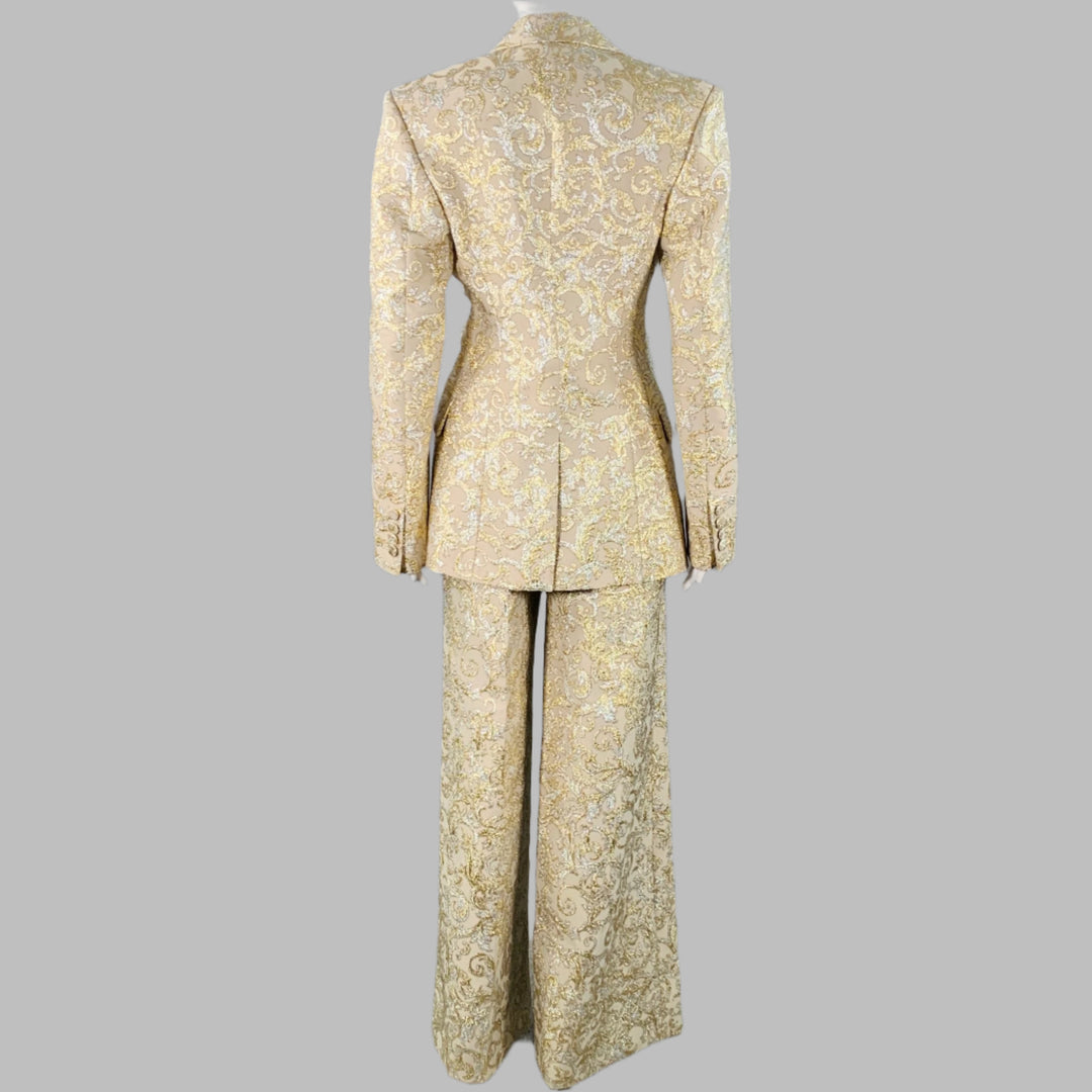 STELLA McCARTNEY Size 2 Metallic Gold Silver Polyamide Blend Jacquard Peak Lapel Pantsuit