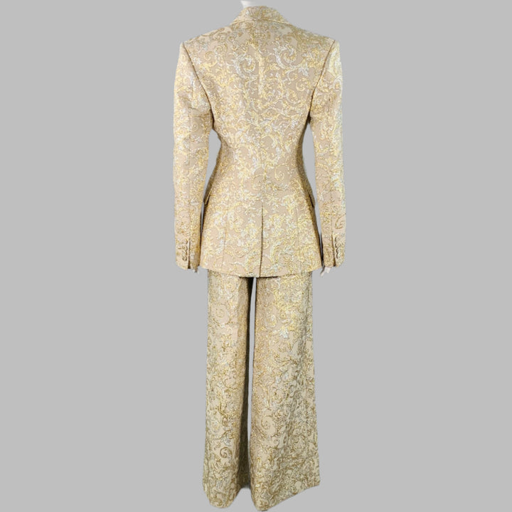 STELLA McCARTNEY Size 2 Metallic Gold Silver Polyamide Blend Jacquard Peak Lapel Pantsuit