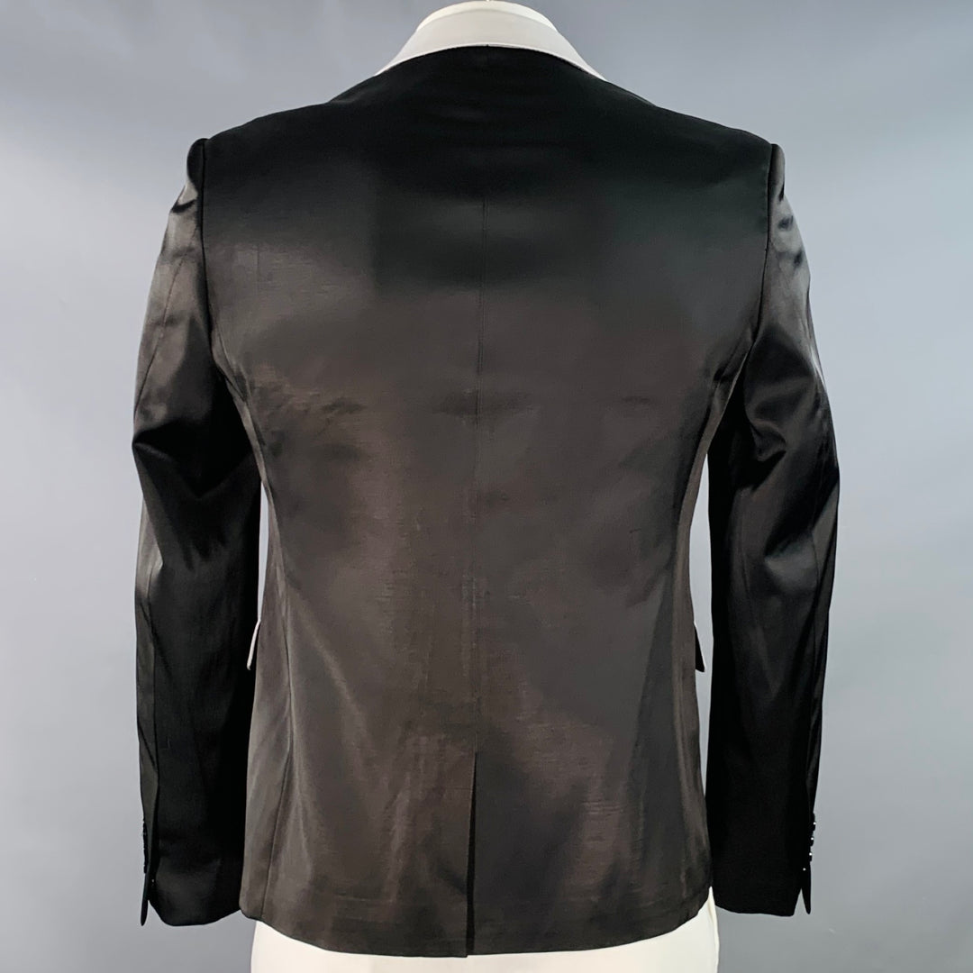 RAF SIMONS Size L Black White Satin Wool Acrylic Peak Lapel Contrast Trim Sport Coat
