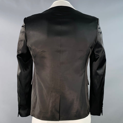 RAF SIMONS Size L Black White Satin Wool Acrylic Peak Lapel Contrast Trim Sport Coat
