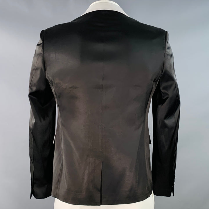 RAF SIMONS Size L Black White Satin Wool Acrylic Peak Lapel Contrast Trim Sport Coat