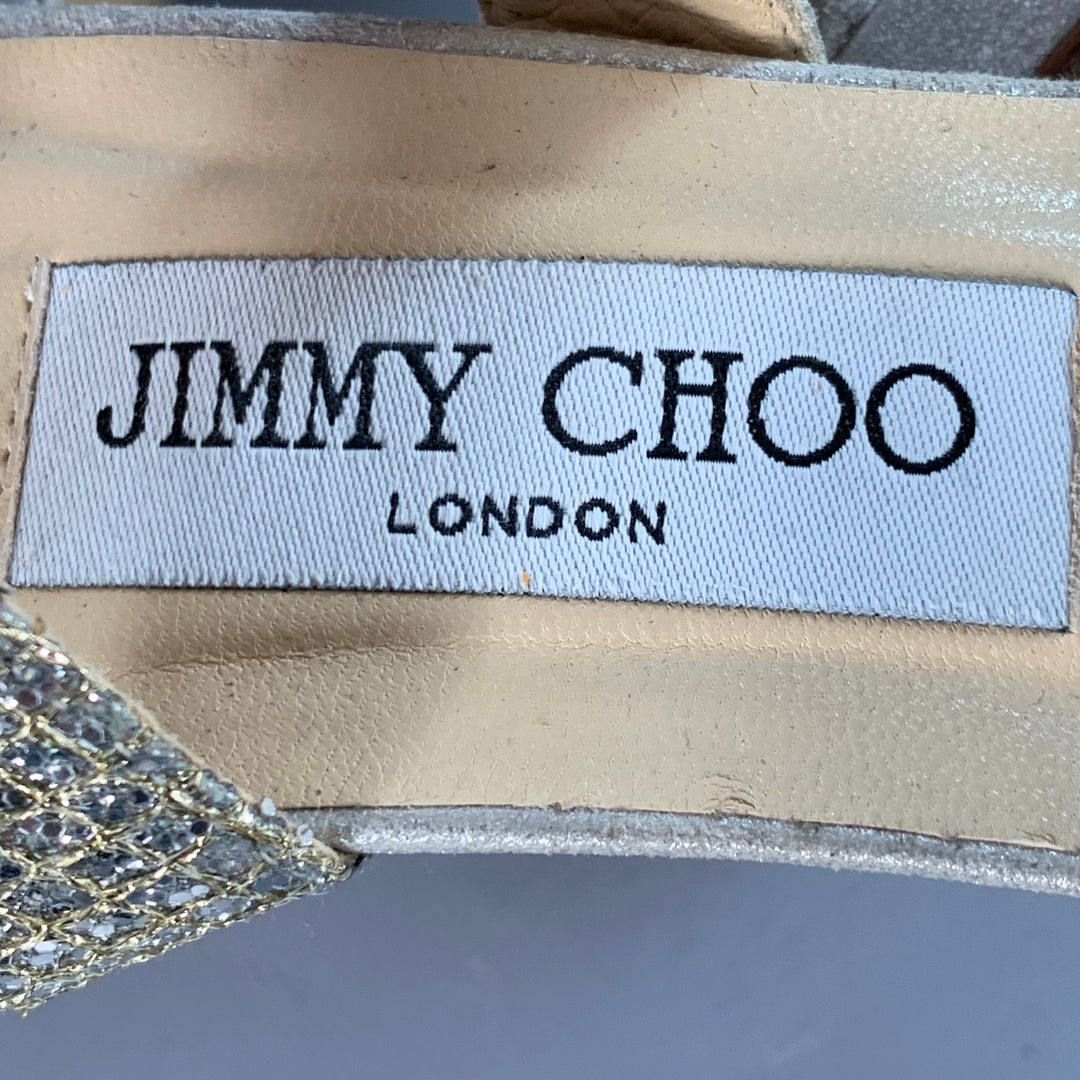 JIMMY CHOO Size 6.5 Grey Silver Glittery Leather Platform Stiletto Sandals