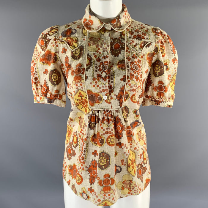SEE By Chloe Size 8 Cream Rust Cotton Geometric Puff Shoulder Blouse
