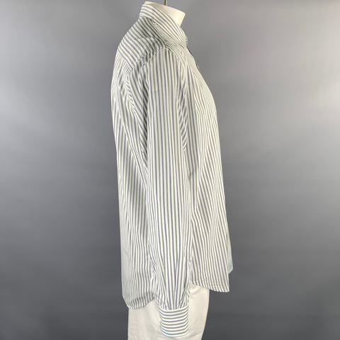 LORO PIANA Size L Green White Blue Stripe Cotton Long Sleeve Shirt