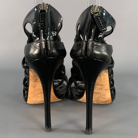 GUCCI Size 9.5 Black Leather Patent Leather Back Zipper Cage Sandals