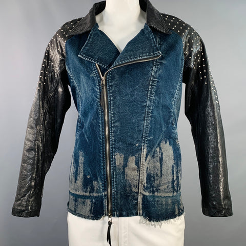KMRII Size L Black Blue Studded Cotton Spandex Motorcycle Jacket