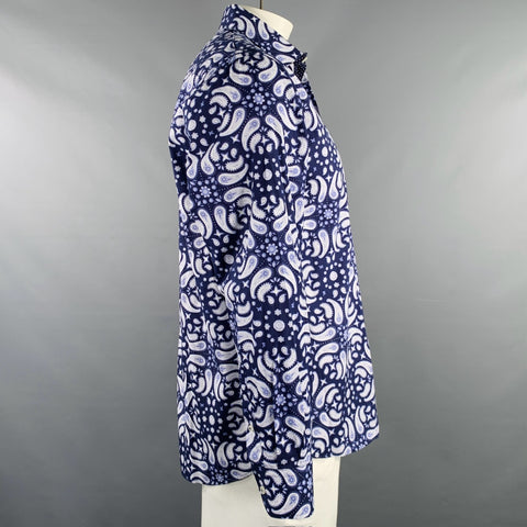 COOGI Size L Navy White Paisley Cotton Button Up Long Sleeve Shirt