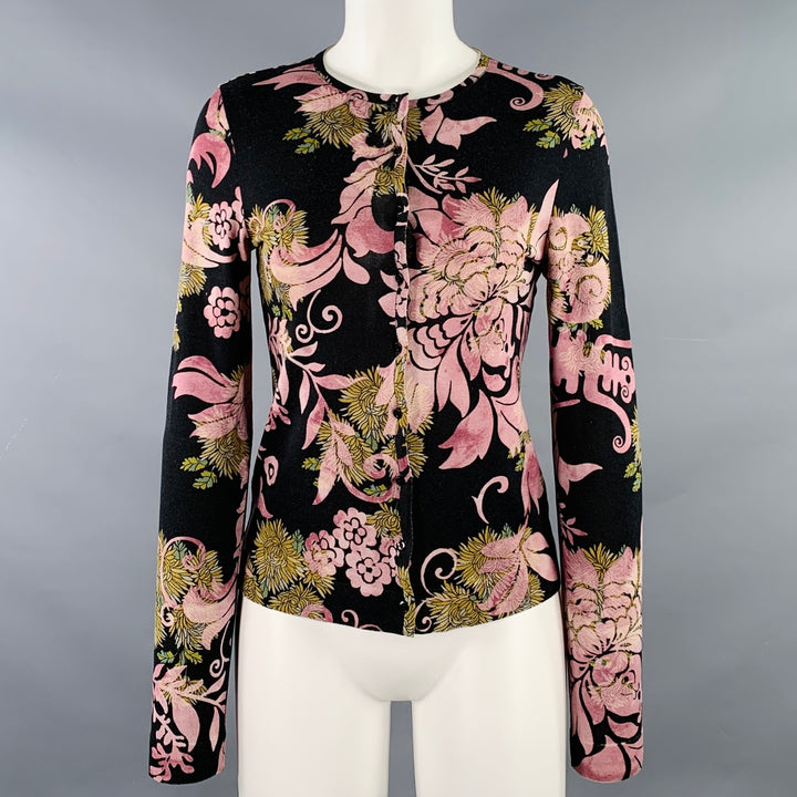 CHRISTIAN DIOR Size 6 Black Purple Wool Blend Abstract Floral Cardigan