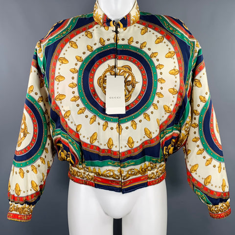 GUCCI Size 36 Beige Multi Color Graphic Silk Blouson Jacket