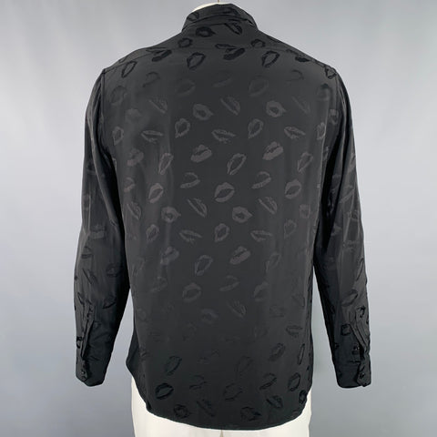 SAINT LAURENT Size XL Black Jacquard Viscose Silk Lips Long Sleeve Shirt