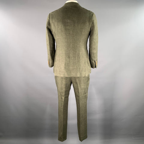 SOLBIATI Size 40 Green Olive Linen Notch Lapel Suit
