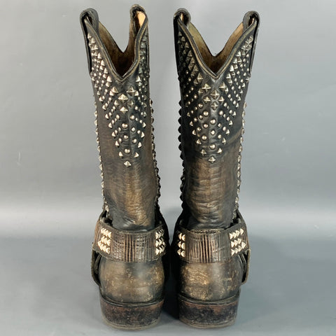 Bottes de cowboy FRYE taille 8 en cuir vieilli noir cloutées à enfiler