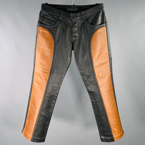 MR. S LEATHER Size 32 Black Brown Color Block Leather Button Fly Casual Pants
