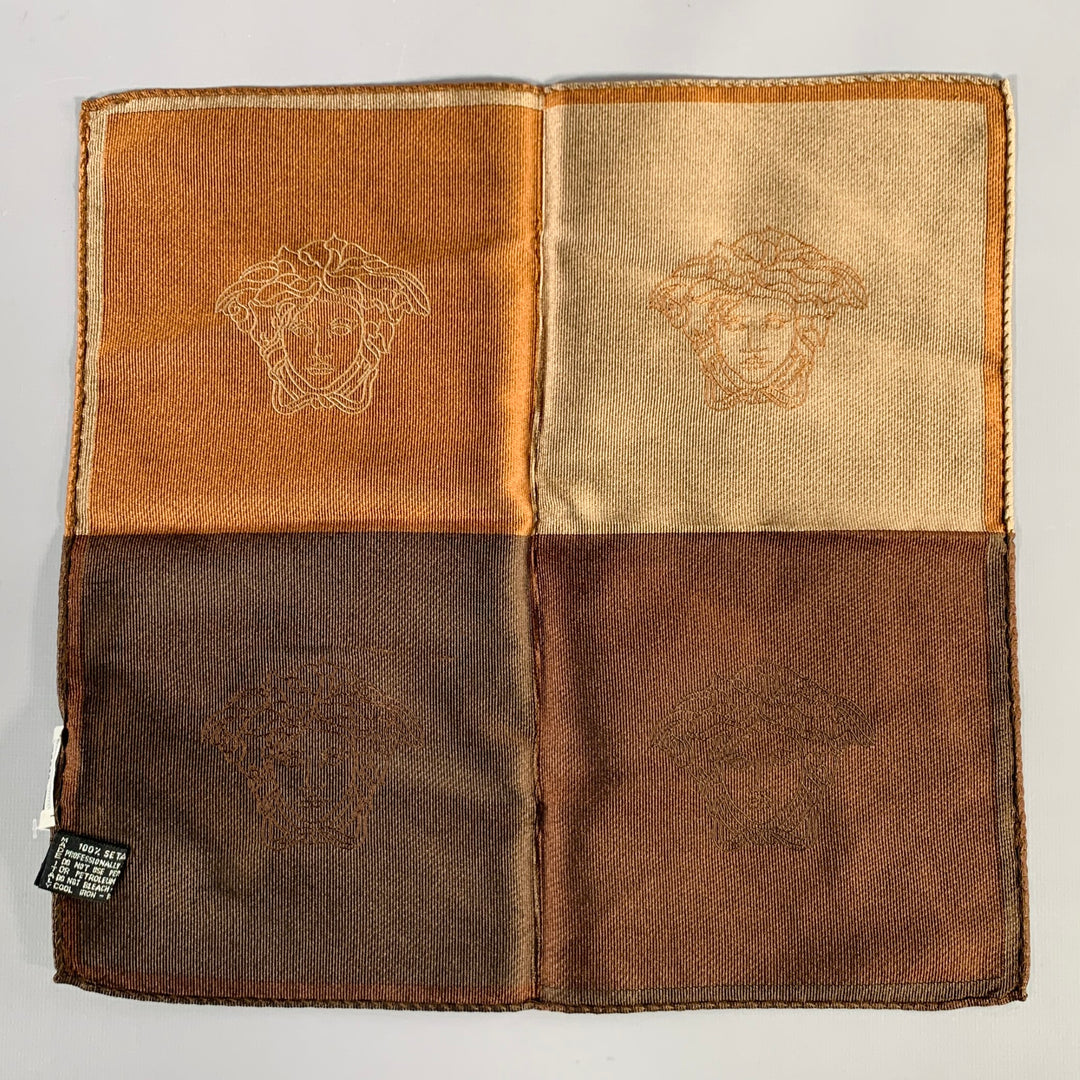 GIANNI VERSACE Brown Taupe Medusa Heads Silk Pocket Square