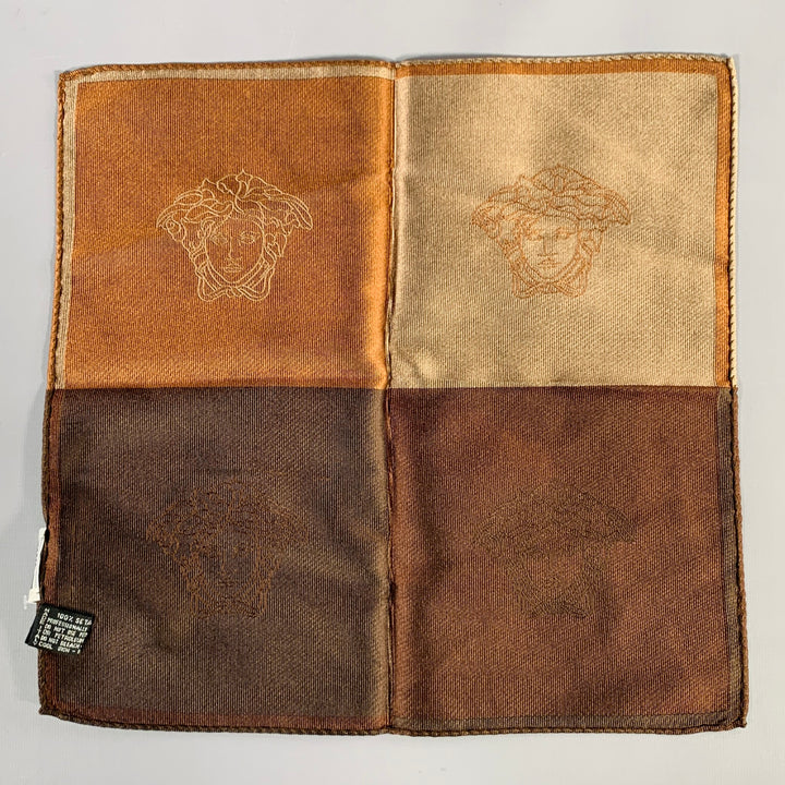 GIANNI VERSACE Brown Taupe Medusa Heads Silk Pocket Square