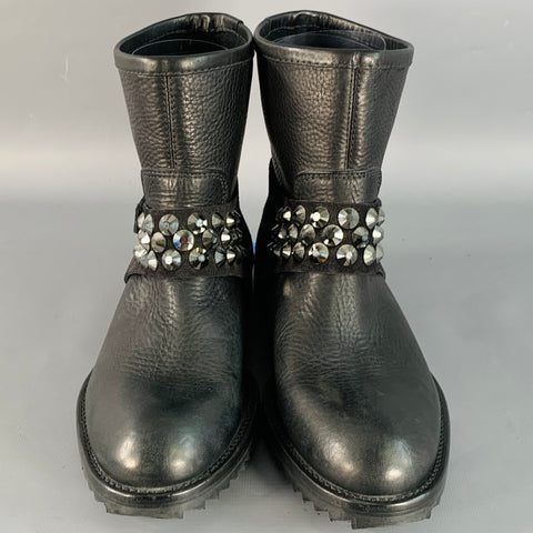 PEDRO GARCIA Size 7 Black Studded Swarovski Crystals Pull On Ankle Biker Boots