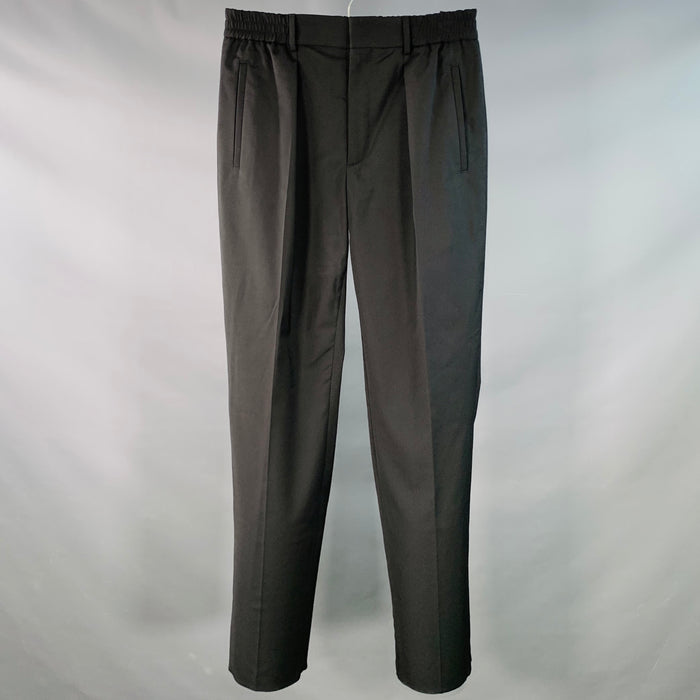 FENDI Taille 30 Pantalon décontracté plissé en mélange de laine noire avec taille élastique