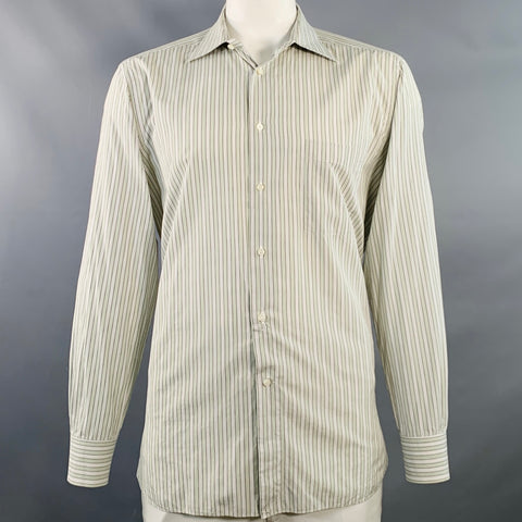ERMENEGILDO ZEGNA Size XL Green Brown White Stripe Cotton Long Sleeve Shirt