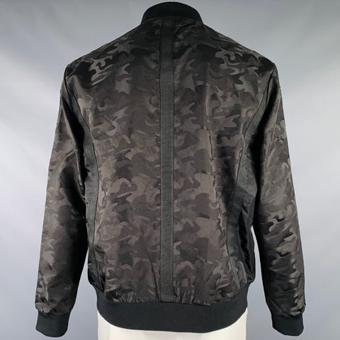 KARL LAGERFELD Size XL Black Camo Polyester Mesh Bomber Jacket