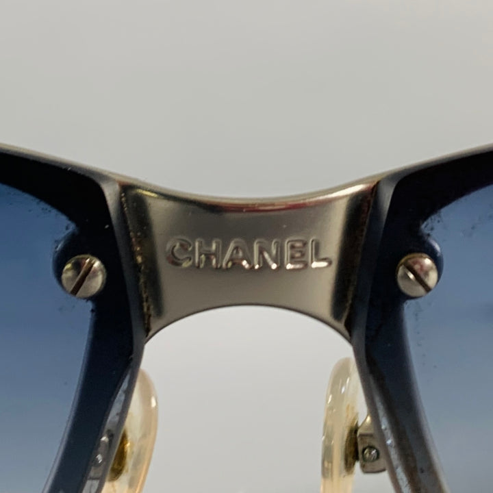 CHANEL Grey Silver Acetate Metal Wrap Around Sunglasses