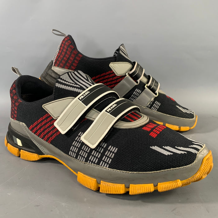 PRADA Size 9.5 Black Red & Grey Stripe Nylon Hook & Loop Sneakers