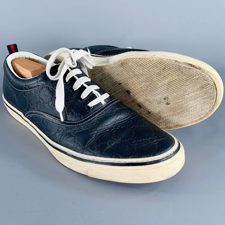 GUCCI Size 11 Guccissima Navy Embossed Leather Sneakers