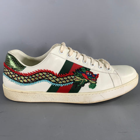 GUCCI Size 11.5 White Green & Red Applique Leather Lace Up Sneakers