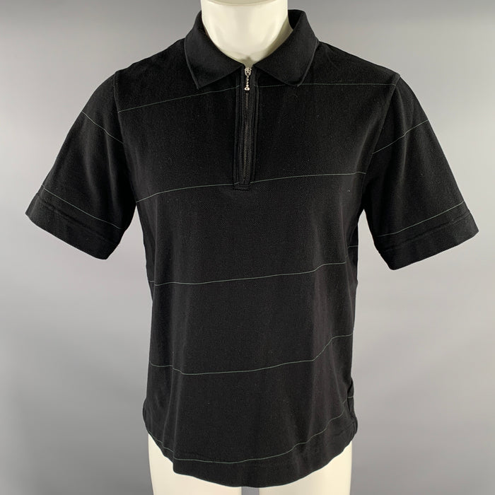 BURBERRY Size S Black Green Stripe Cotton Blend Zip Up Polo