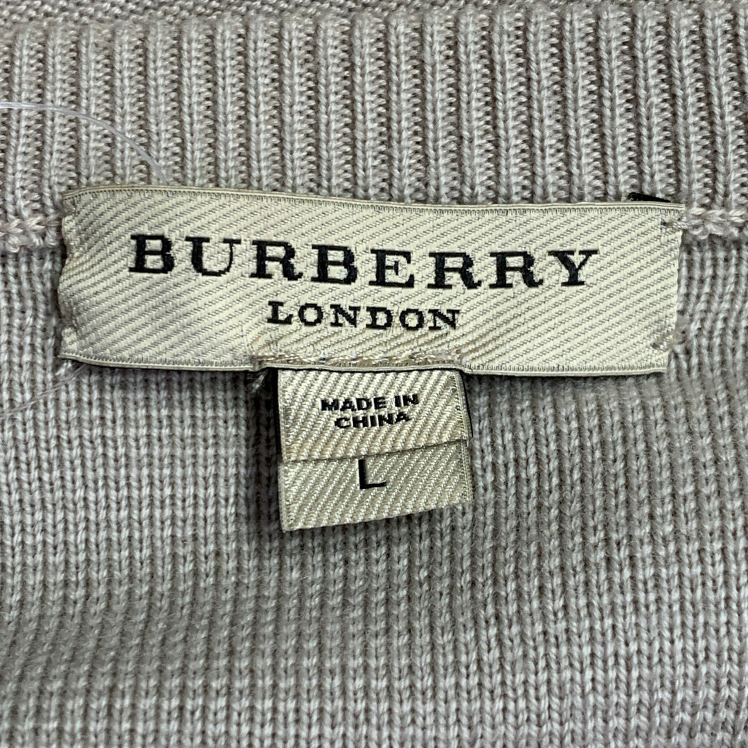 BURBERRY LONDON Size L Beige Silver Wool Cotton V-Neck Zipper Trim Sweater