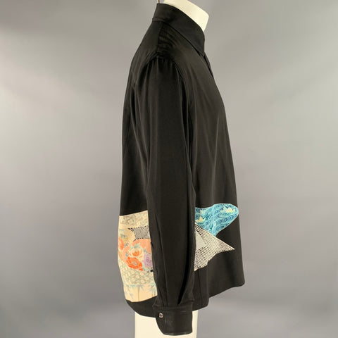 BASIL RACUK Size XL Black Floral Pointed Collar Long Sleeve Shirt