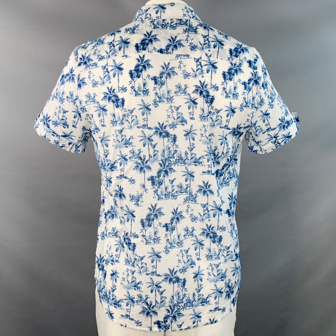 PARKE & RONEN Size XL White Blue Palms Cotton Point Collar Short Sleeve Shirt