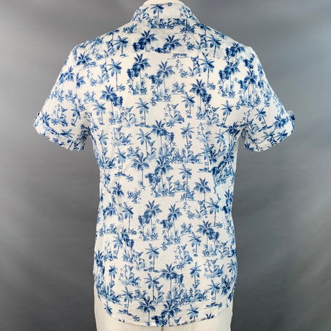 PARKE & RONEN Size XL White Blue Palms Cotton Point Collar Short Sleeve Shirt