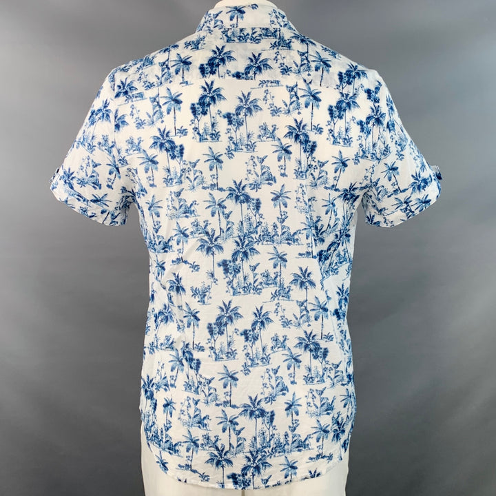 PARKE & RONEN Size XL White Blue Palms Cotton Point Collar Short Sleeve Shirt