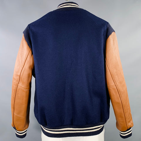 EBBETS FIELD Size L SF Seals 1949 Style Navy Brown Mixed Fabrics Virgin Wool Varsity Jacket