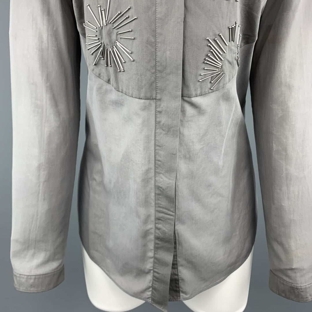 AKRIS Size 8 Grey Sheer Cotton Beaded Bib Blouse