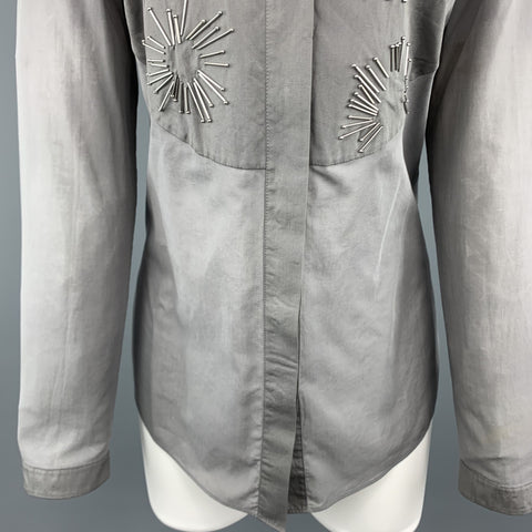 AKRIS Size 8 Grey Sheer Cotton Beaded Bib Blouse