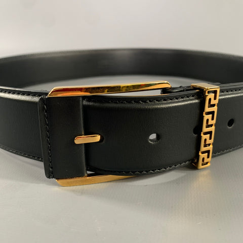 VERSACE Size 36 Black Gold Greca Goddess Leather Belt