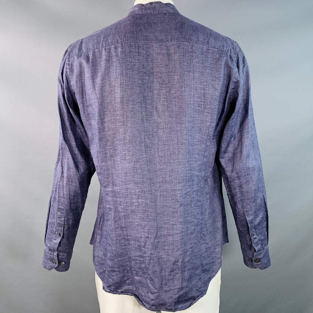 GIORGIO ARMANI Size L Blue Woven Linen Collarless Double Zipper Long Sleeve Shirt