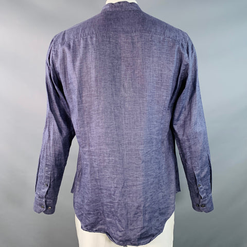 GIORGIO ARMANI Size L Blue Woven Linen Collarless Double Zipper Long Sleeve Shirt