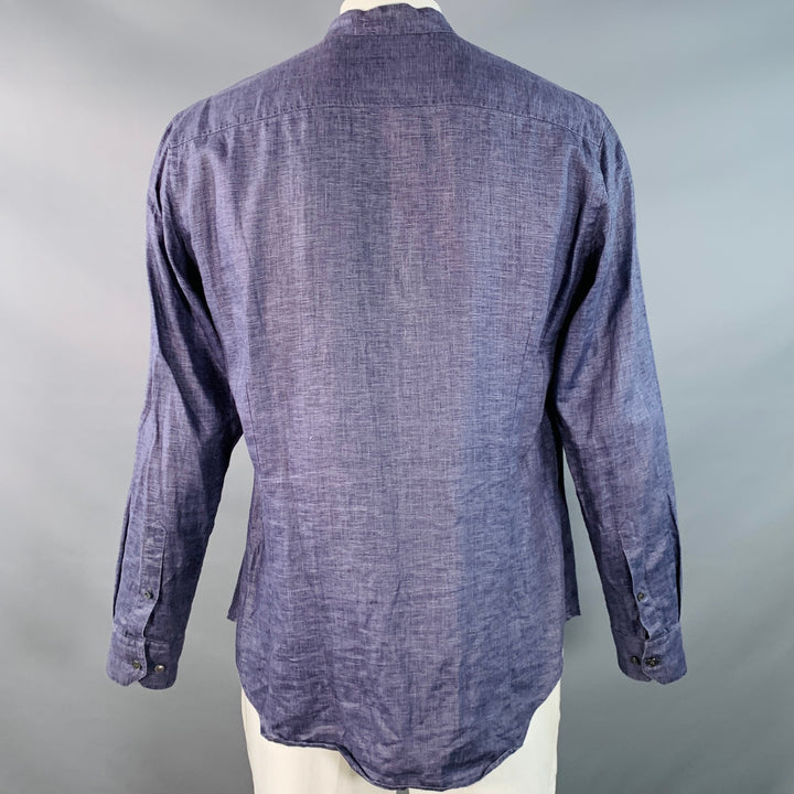 GIORGIO ARMANI Size L Blue Woven Linen Collarless Double Zipper Long Sleeve Shirt