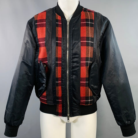 3.1 PHILLIP LIM Size S Black Red Grey Plaid Trim Nylon Bomber Jacket