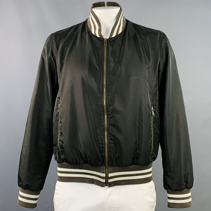 DOLCE & GABBANA Size L Black Brown Cream Nylon Zip Up Bomber Jacket