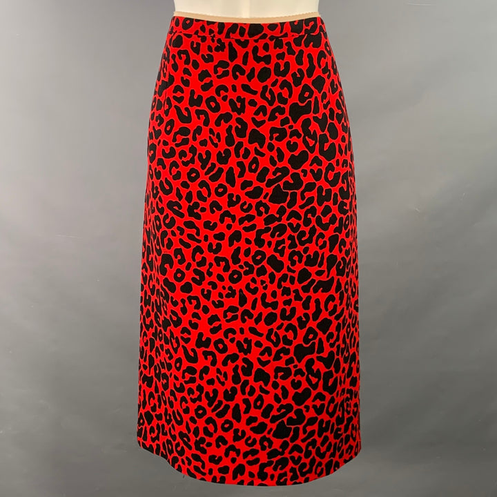 No. 21 Size 8 Red Black Viscose Animal Print Pencil Midi Skirt