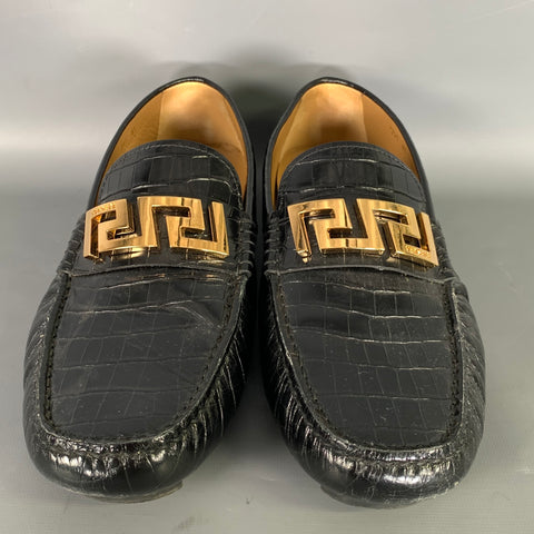 VERSACE Size 10 Black Gold Embossed Leather Slip On Loafers