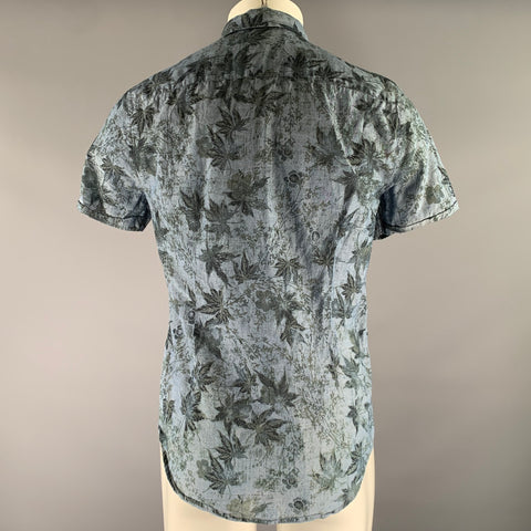 JOHN VARVATOS Size S Blue Black & Olive Floral Cotton Short Sleeve Shirt