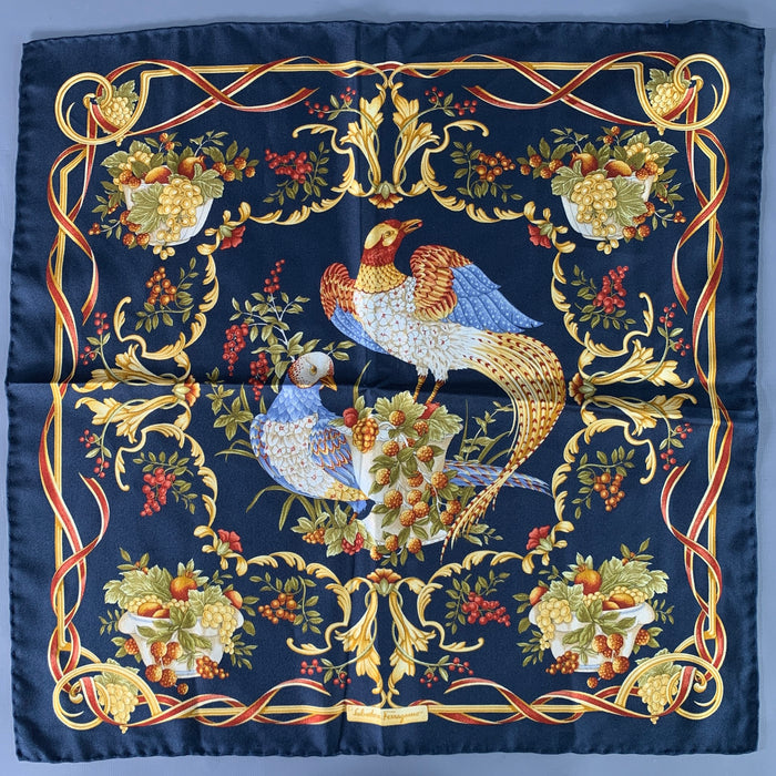 SALVATORE FERRAGAMO Navy Multi Color Birds Silk Twill Pocket Square