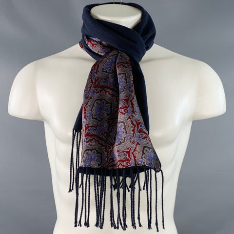 VINTAGE Navy Burgundy Grey Paisley Cashmere Silk Fringe Scarf